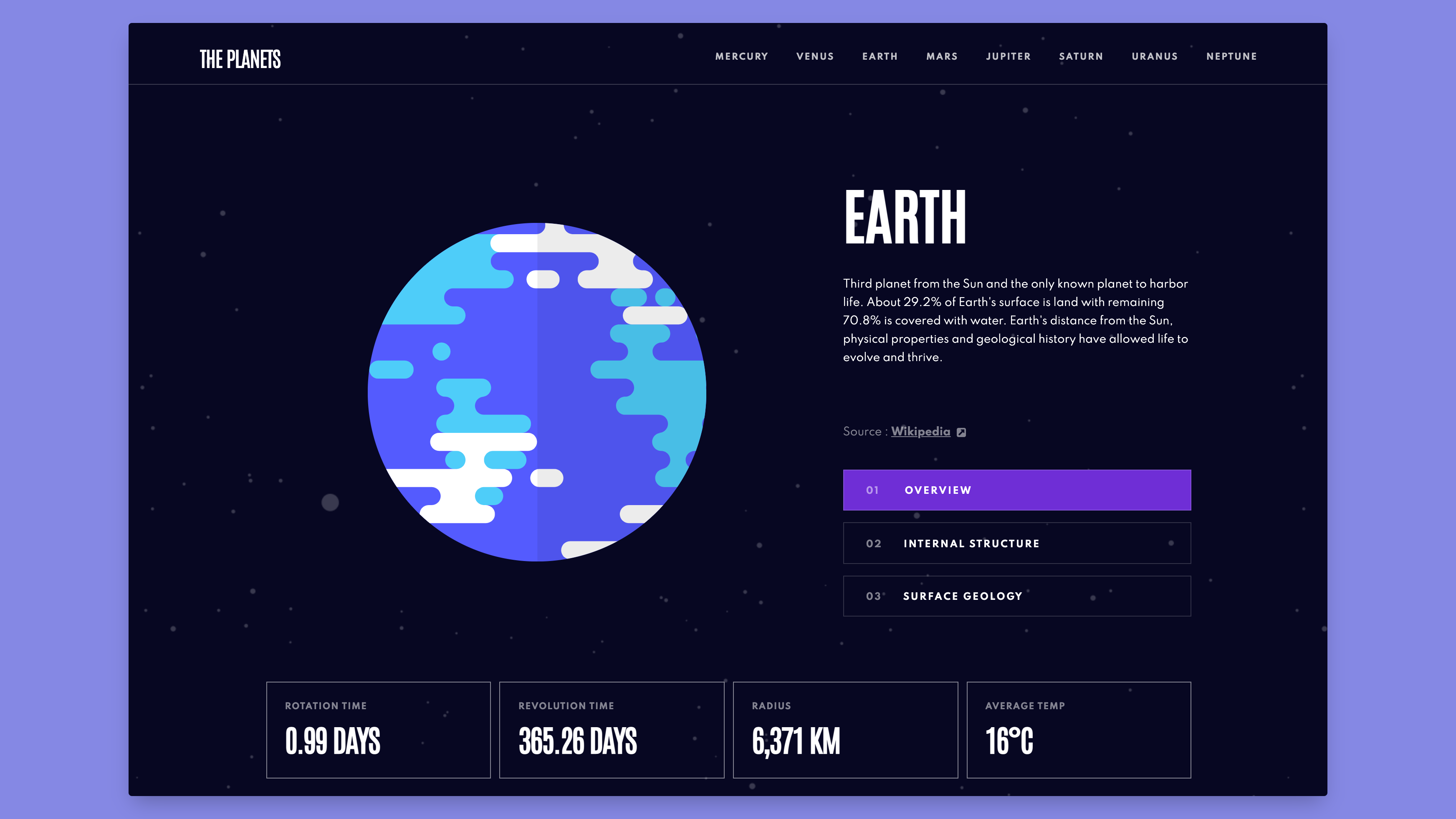 landing page of planets fact site project
